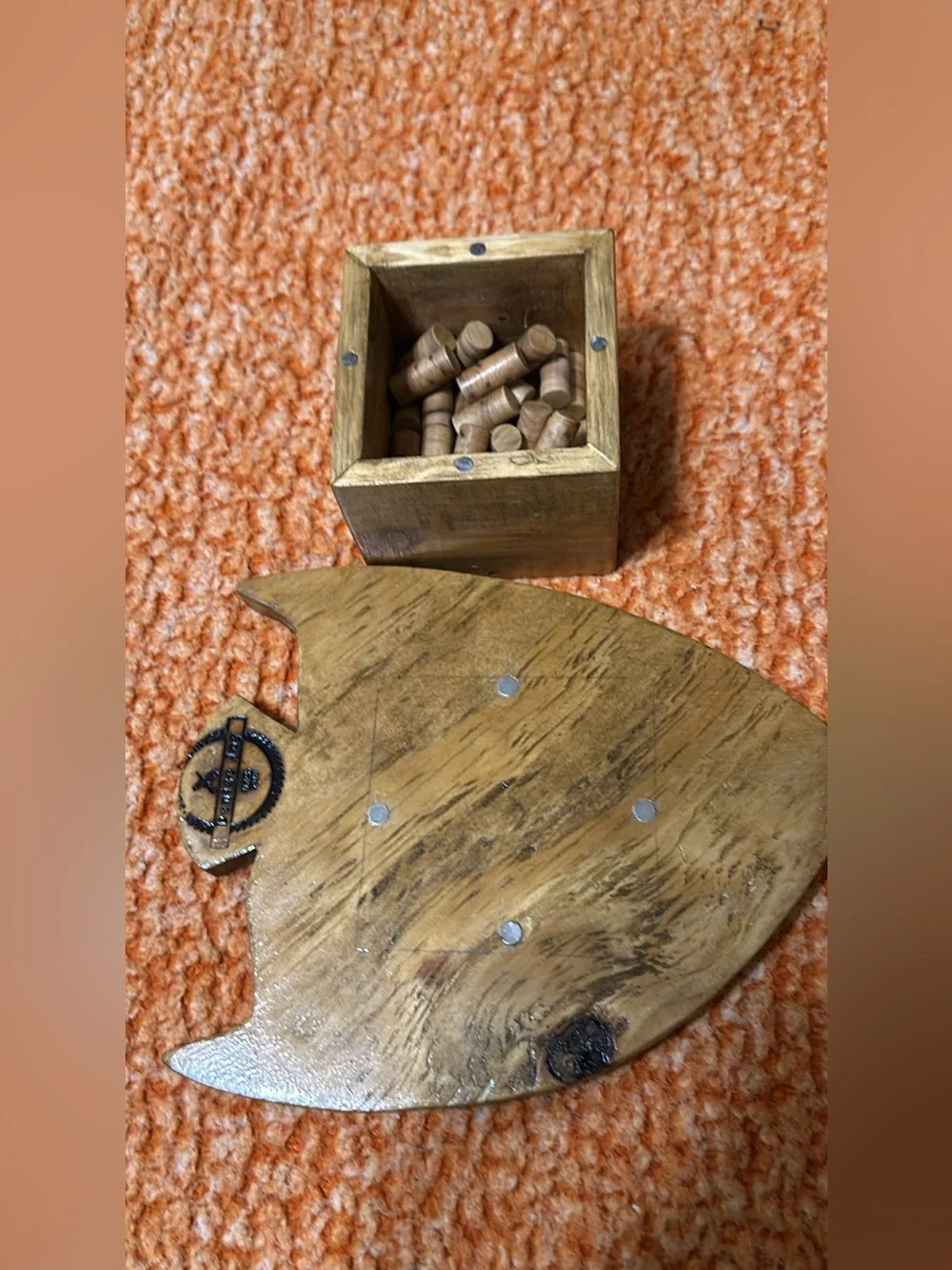 Handmade Wooden Fish Solitaire Peg Board Game with Magnetic Box Lid